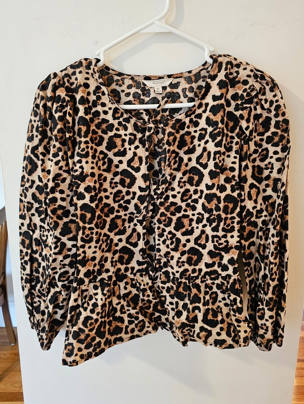 Leopard Print Long-Sleeve Peasant Tie Up Top
